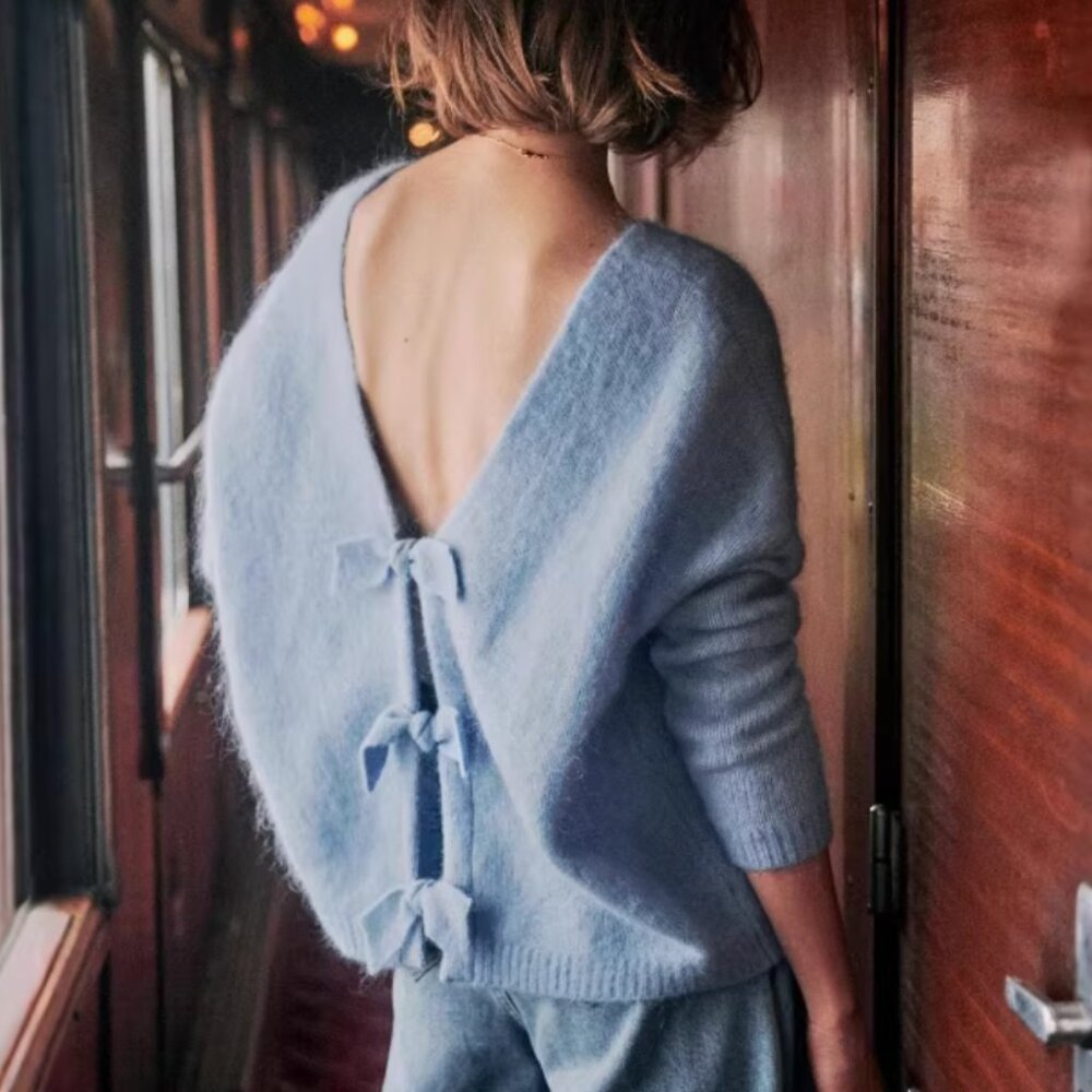 Sezane Aurette Jumper Sweater Light Blue Back V Bow French Knit